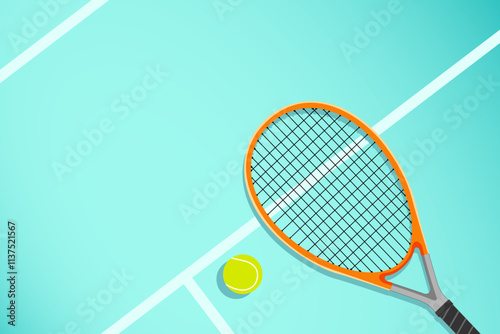 tennis racket with tennis ball on green court no people, closeup sport accessories vector illustration sport gradient background. eps10.