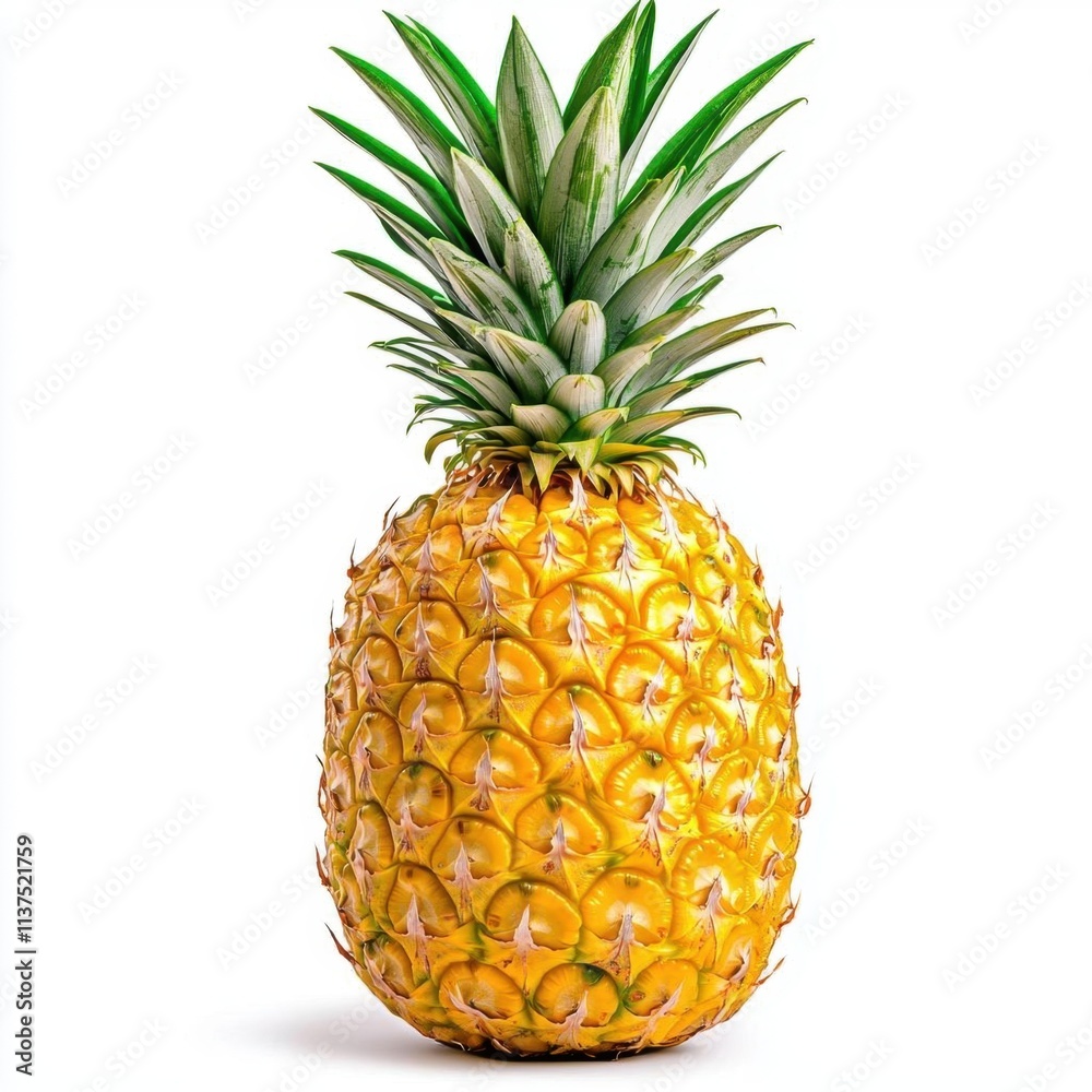 A photostock of a single ripe pineapple with golden skin and green leaves, isolated on a clean white background, tropical and vibrant, High Quality