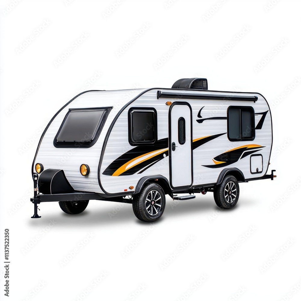 A photostock of a sleek caravan isolated on a clean white background, ready for outdoor adventure themes, High Quality A photostock of a sleek caravan isolated on a clean white background, ready for outdoor adventure themes, High Quality