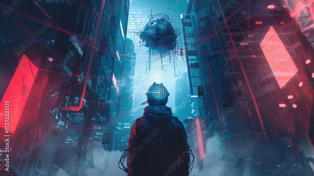 Cyberpunk Cityscape with a Lone Figure Cyberpunk Cityscape with a Lone Figure