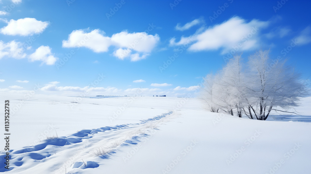 Snowy Winter Landscape with Blue Sky and White Clouds Snowy Winter Landscape with Blue Sky and White Clouds