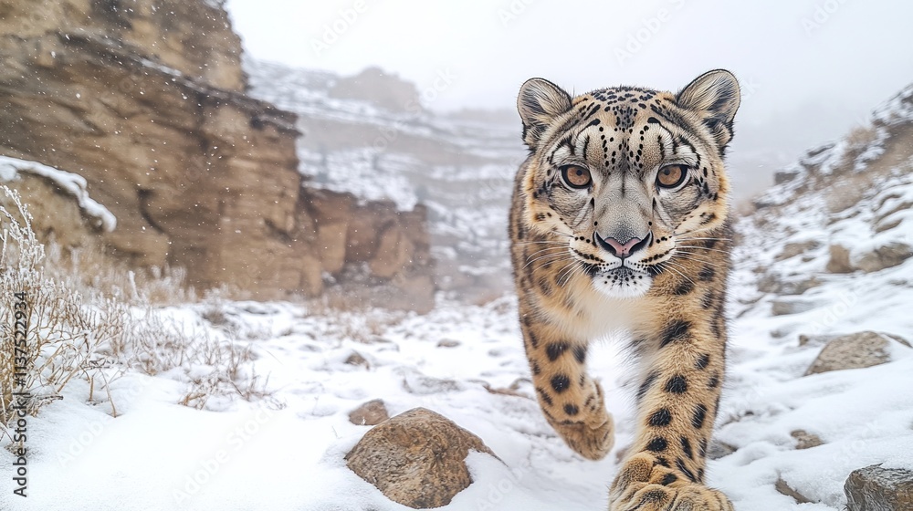 Fototapeta premium Snow leopard prowling in snowy mountainous landscape