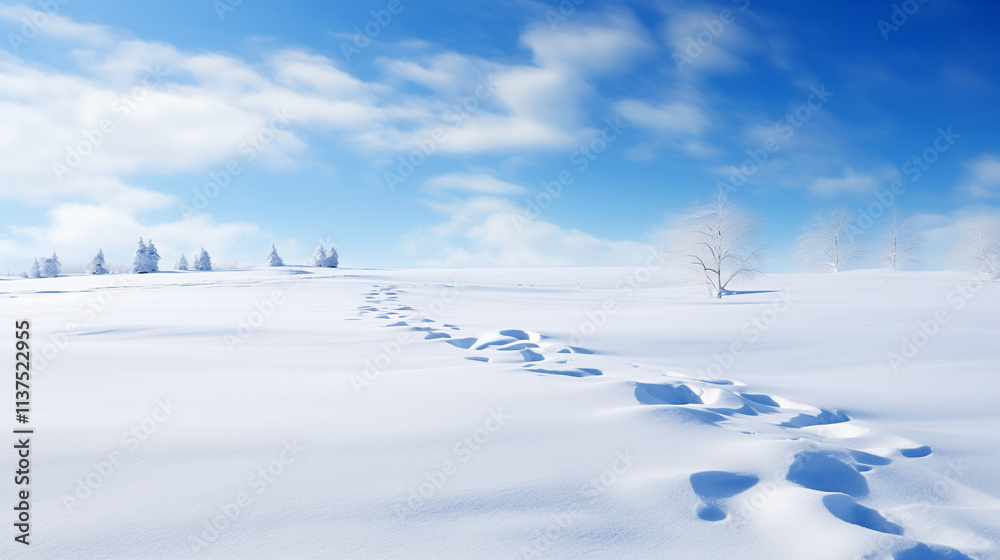 Snowy Winter Landscape with Blue Sky and White Clouds Snowy Winter Landscape with Blue Sky and White Clouds