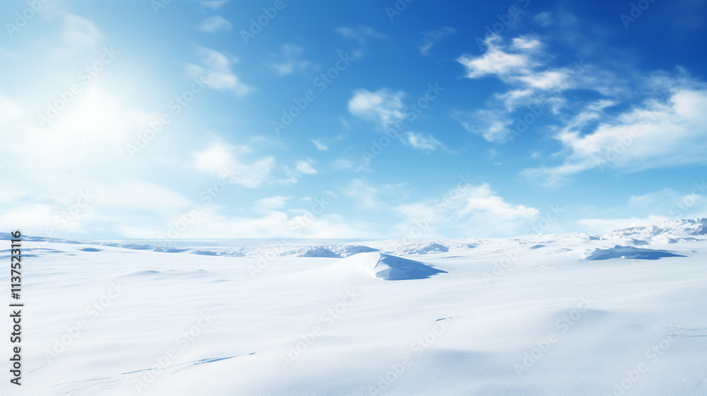 Snowy Winter Landscape with Blue Sky and White Clouds