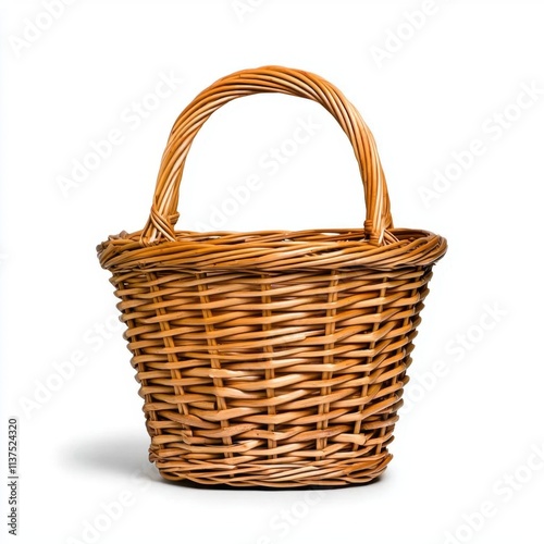 A photostock of a small wicker basket with a handle, isolated on a white background, rustic and versatile, High Quality photo