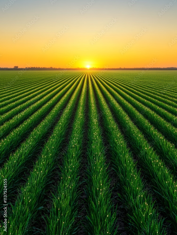 Morning Dew on Trails of Green Fields at Sunrise Nature Photography Scenic View