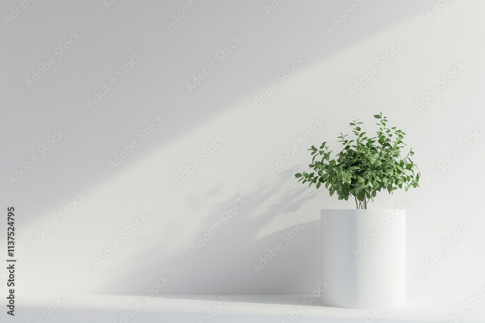 Obraz premium Green Plant in White Pot Against White Wall with Sunlight