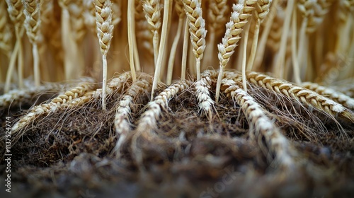 Wheat sustainability concept. Close-up view of wheat plants showcasing roots and stems in rich soil.