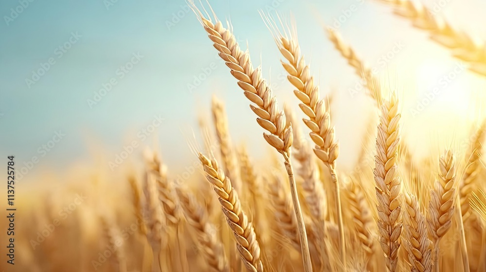 Wheat sustainability concept. Golden wheat swaying in the gentle breeze under a bright blue sky at sunset. Wheat sustainability concept. Golden wheat swaying in the gentle breeze under a bright blue sky at sunset.