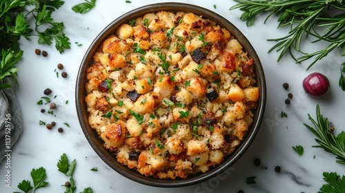 A close-up of a bowl of traditional Thanksgiving stuffing.