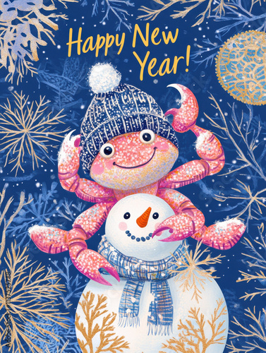 Charming New Year Illustrations with joyful crab wearing a winter hat, building a snowman: Cute Holiday Designs for Cards, Wallpapers, T-Shirts, Posters & Decor photo