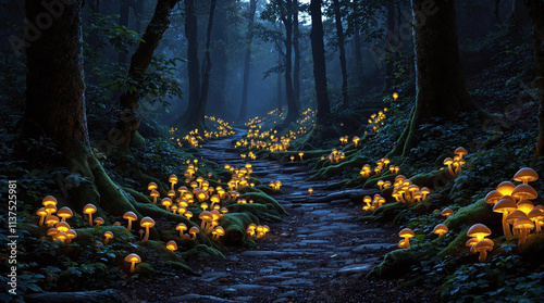 Bioluminescent mushrooms lighting forest path with mossy logs and moonlight, rare nature view, stock image