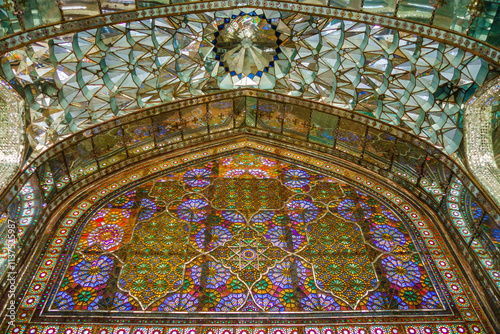 Mosaic window and mirror arch in the throne room of Golestan Palace in Tehran, Iran