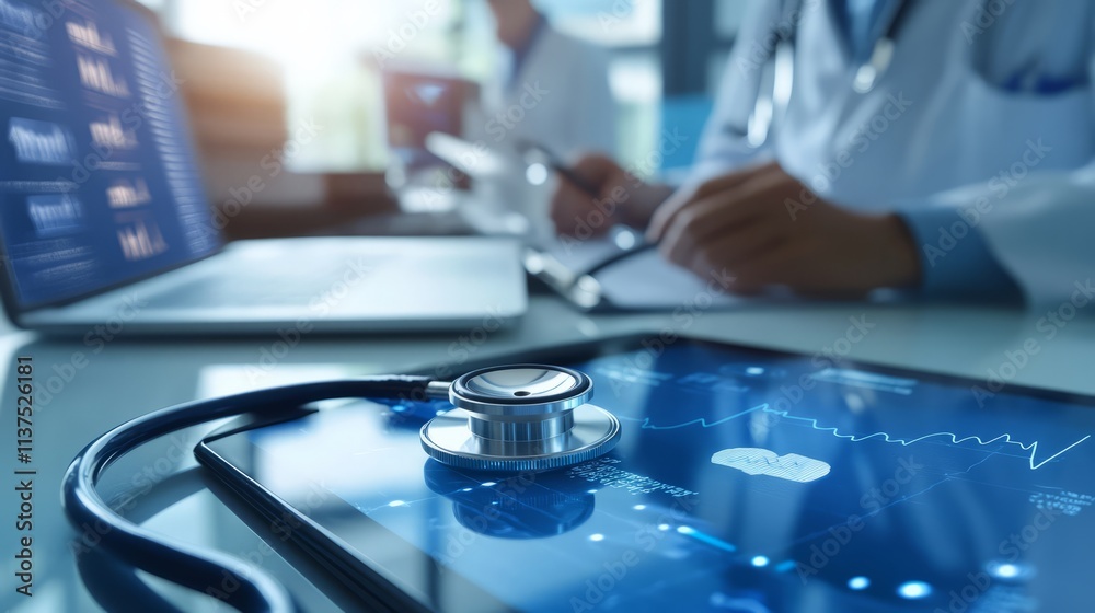 A stethoscope placed on medical books while a healthcare professional works in the background, representing medical education and research. A stethoscope placed on medical books while a healthcare professional works in the background, representing medical education and research.