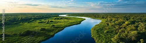 Panoramic summer river view with lush greenery and sunset reflections. AI generated illustration