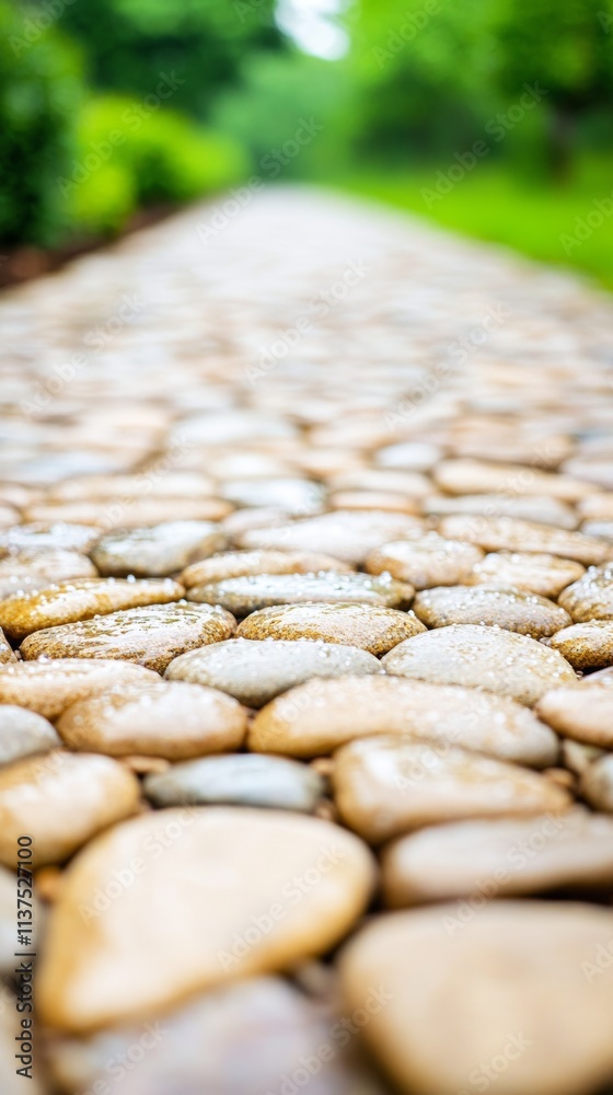 Obraz premium Morning Dew on Pebbled Trails Serene Pathway in Nature's Embrace