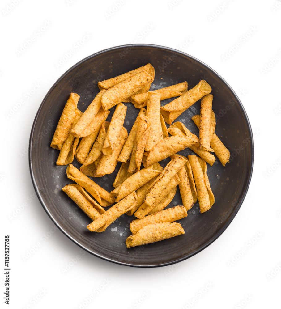 Rolled nachos tortilla chips on plate isolated on white background. Rolled nachos tortilla chips on plate isolated on white background.