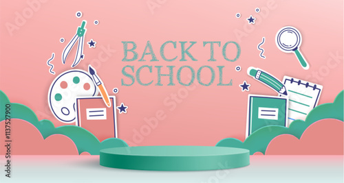 Back to school banner design with circular podium and education sticker elements - paint palette, compass, notebook pages, magnifying glass on pink background. Decorative paper cut clouds behind stage