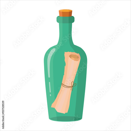 A bottle with a note. A green glass bottle with a stopper and a twisted note inside. Vector illustration.