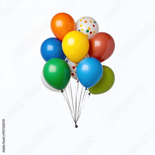 A photostock of a bundle of colorful helium balloons floating, isolated on a clean white background, festive and joyful, High Quality