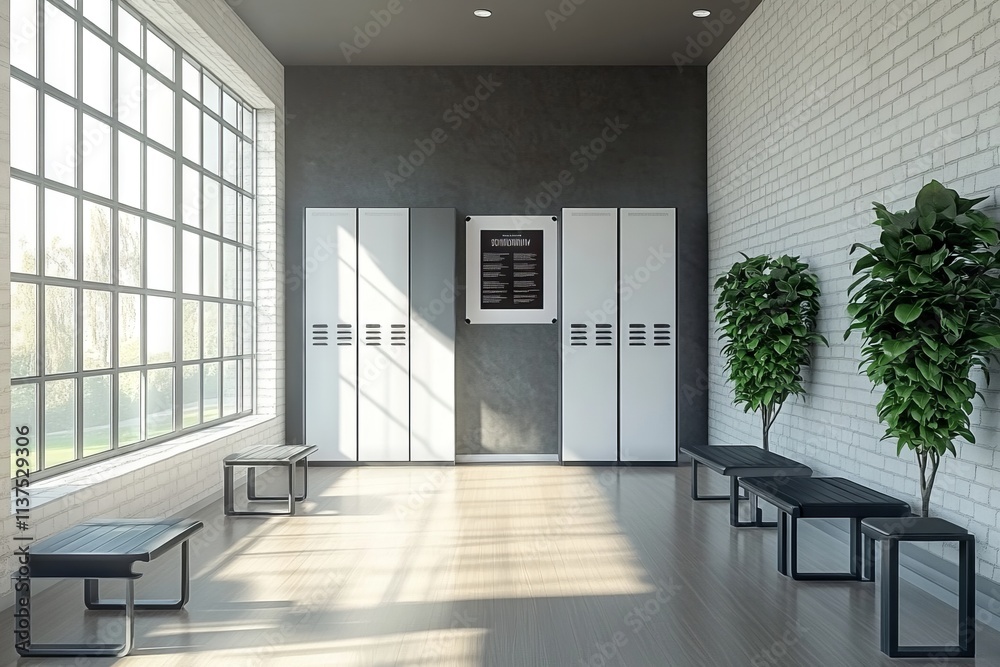 Fototapeta premium Modern Gym Locker Room with White Lockers and Black Steel Benches. AI generated illustration
