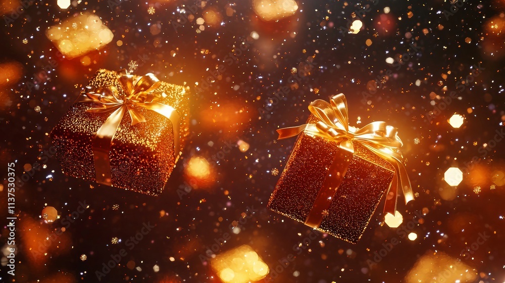 Beautifully wrapped gifts float amidst sparkling lights creating a festive atmosphere for the holiday season Beautifully wrapped gifts float amidst sparkling lights creating a festive atmosphere for the holiday season