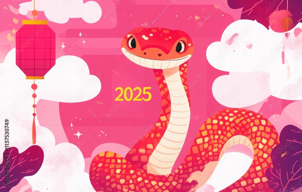 Fototapeta premium red snake Chinese New Year 2025 card design with geometric shapes and a colorful, patterned fabric wrapped around it. new year card background for the Chinese Lunar New Year of the Snake
