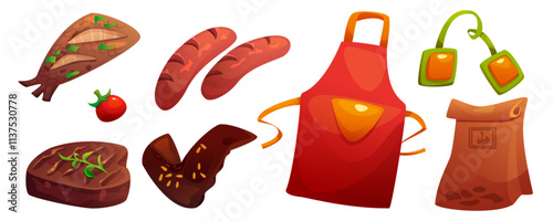 BBQ and grill cartoon elements set - roasted meat with herbs, fresh tomato, grilled sausages, juicy steak garnished with rosemary, chicken wing with spices, red cooking apron, paper bag with charcoal.