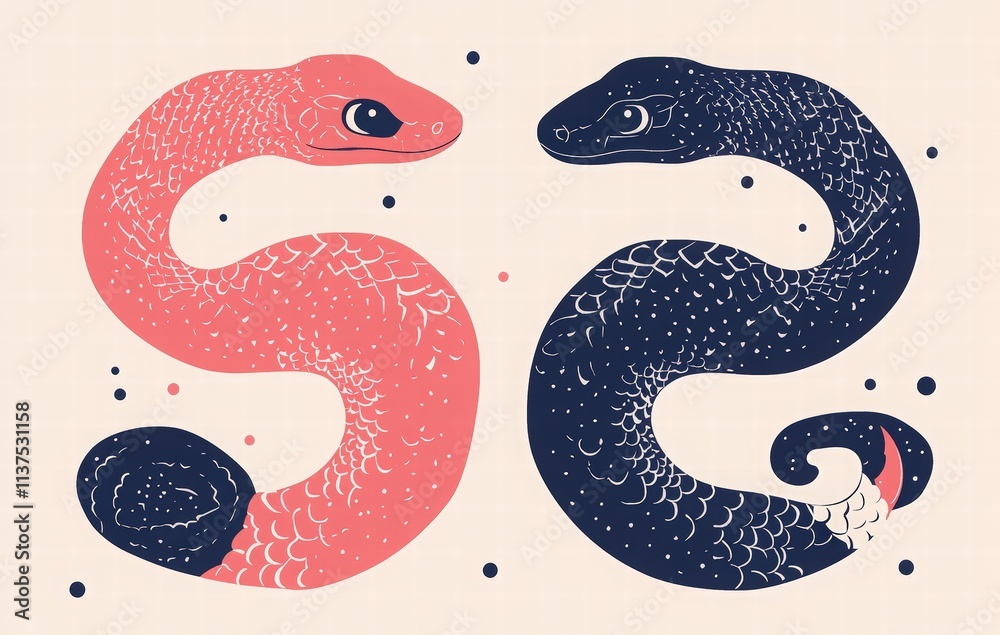 Obraz premium red snake Chinese New Year 2025 card design with geometric shapes and a colorful, patterned fabric wrapped around it. new year card background for the Chinese Lunar New Year of the Snake