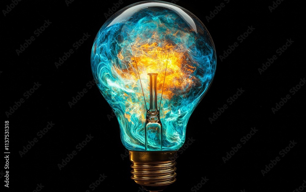 Bright light bulb emitting vibrant blue and orange flames in a dark setting Bright light bulb emitting vibrant blue and orange flames in a dark setting