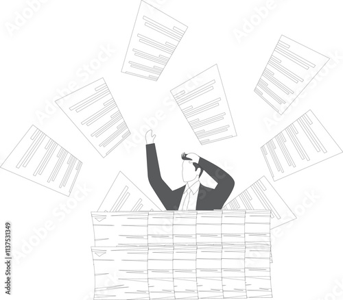 Heavy work pressure, overwork, exhaustion or fatigue, deadlines, a desperate and distracted businessman standing in the middle of a pile of scattered papers
