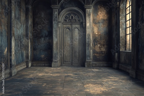 Ancient Room with a Gothic Door and Aged Walls.