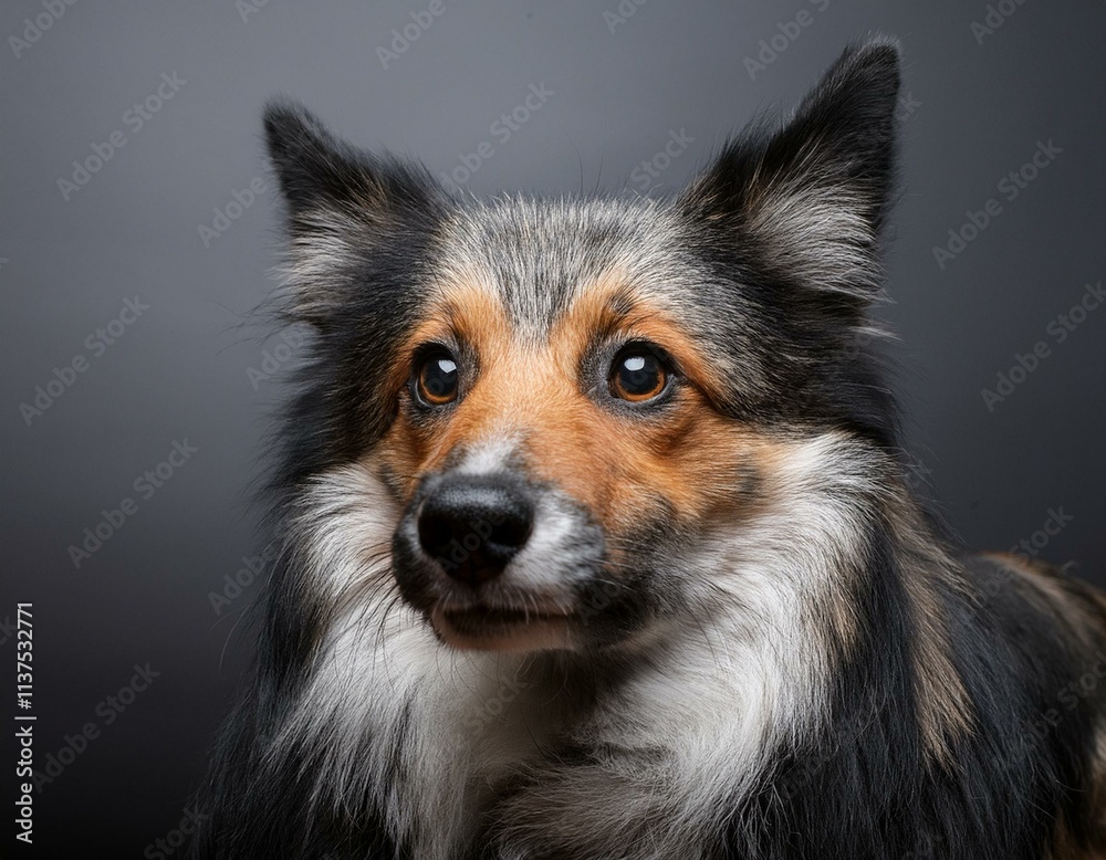 Canine close-up showcasing a dog’s multicolored fur, expressive eyes, and alert posture against a neutral backdrop. Canine close-up showcasing a dog’s multicolored fur, expressive eyes, and alert posture against a neutral backdrop.