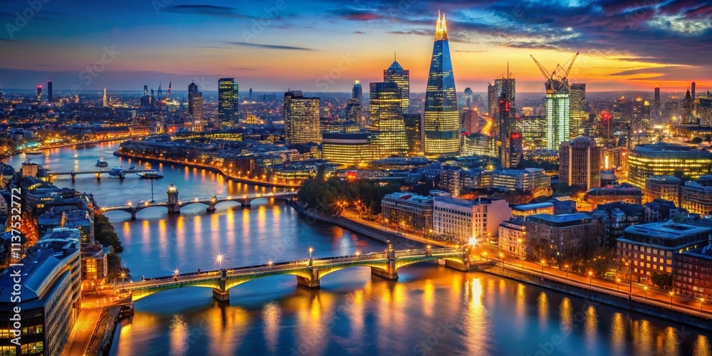 Fototapeta premium London Night Panorama Bokeh Photography: Stunning Cityscape, Night Lights, Thames River, Illuminated Buildings, City Skyline, Night View