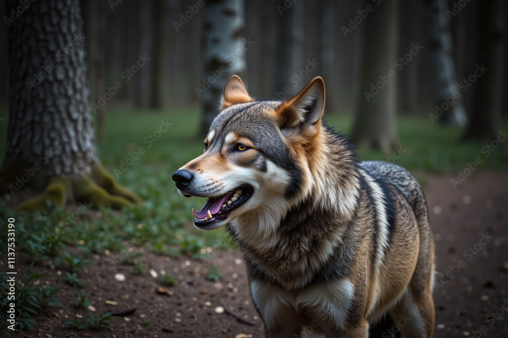 Wolf in natural setting with gray and brown fur Wolf in natural setting with gray and brown fur