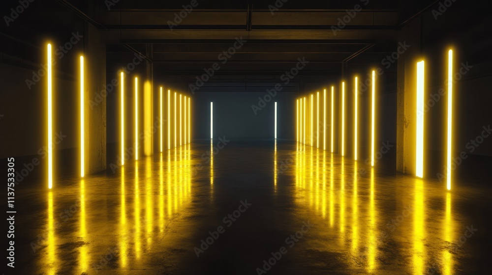 Neon-lit corridor with reflective floor and dark backdrop Neon-lit corridor with reflective floor and dark backdrop
