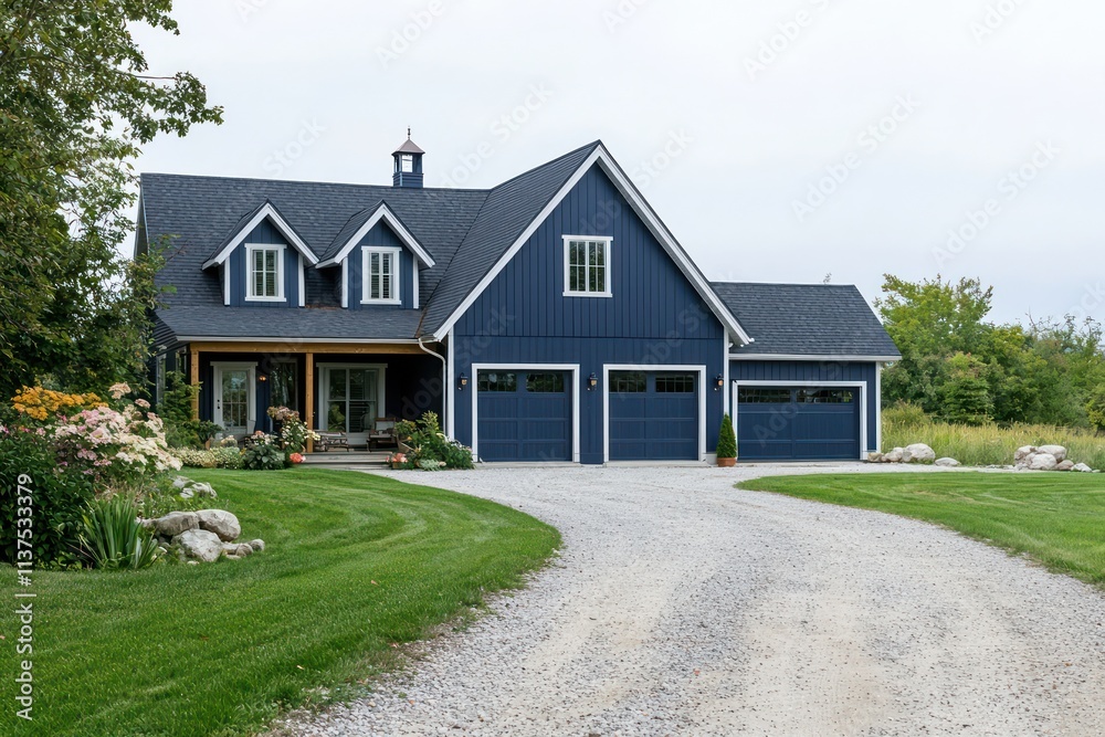 A rural residence featuring a navy blue exterior, gable roof, and wide driveway.