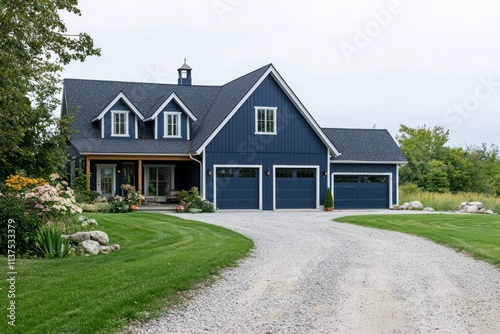 Obraz na płótnie A rural residence featuring a navy blue exterior, gable roof, and wide driveway. w salonie
