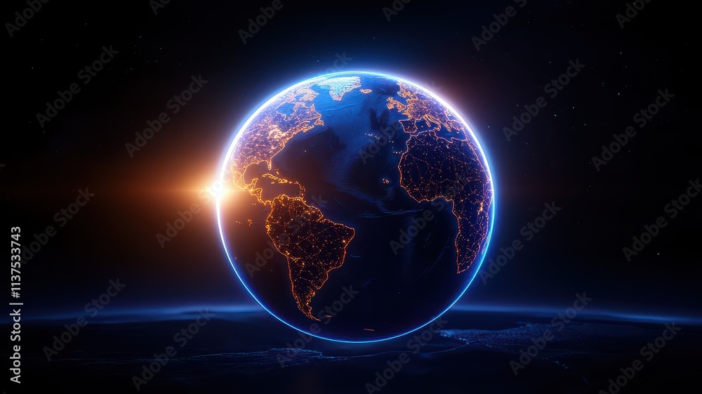 Fototapeta premium A glowing Earth surrounded by a cosmic backdrop, showcasing vibrant colors and a sunrise effect on the horizon against a dark space background.