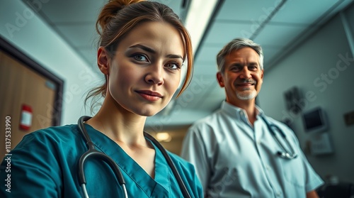 A young Caucasian female nurse stands in a hospital hallway with a smiling older Caucasian male doctor in the background.  Professional healthcare teamwork.