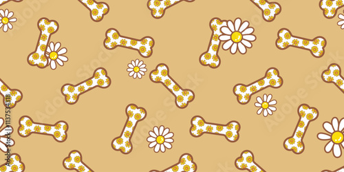 Dog bone seamless pattern flower daisy doodle cartoon vector tile background gift wrapping paper repeat wallpaper illustration scarf isolated design