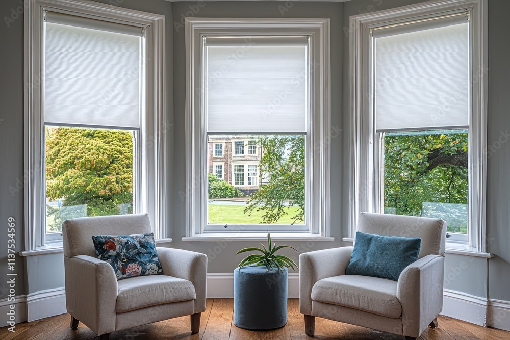 Spacious room with bay windows dressed in white roller blinds, featuring sofa and armchairs. Spacious room with bay windows dressed in white roller blinds, featuring sofa and armchairs.