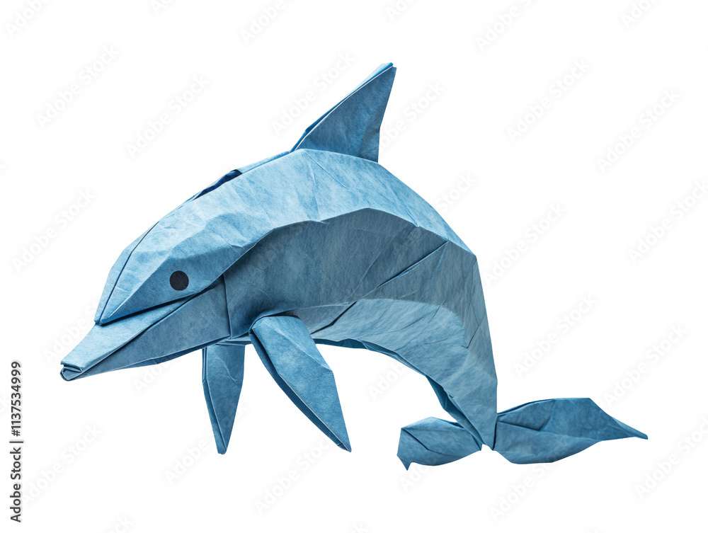 Fototapeta premium Blue Paper Origami Dolphin Isolated on White Background