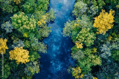 Aerial view of a winding blue river through a forest with vibrant green and yellow trees. AI generated illustration