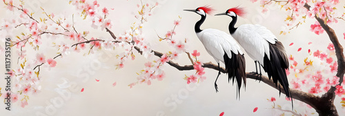 Two elegant cranes perched on a cherry blossom branch, showcasing serene beauty and harmony in nature.