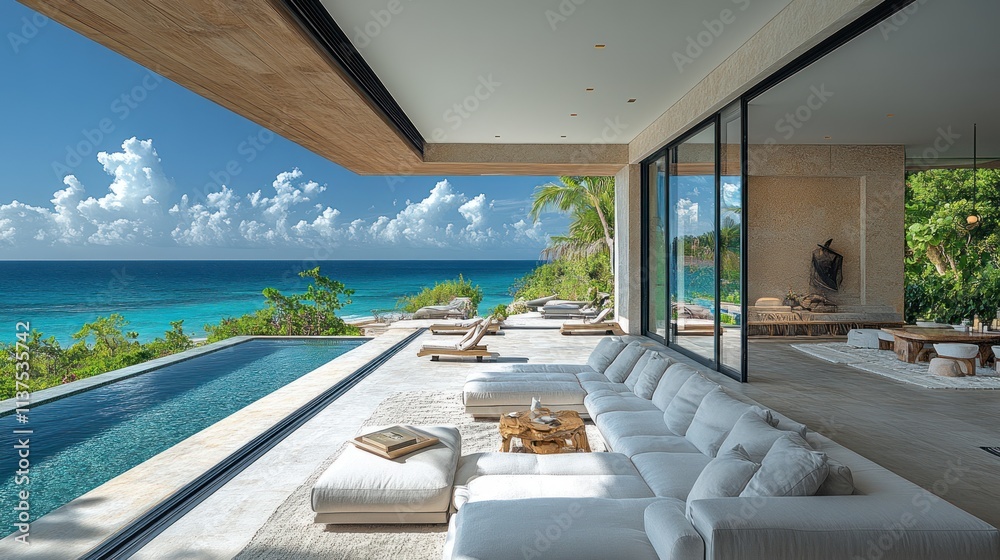 Fototapeta premium Modern villa with ocean view, featuring a pool and spacious lounge area for relaxation.