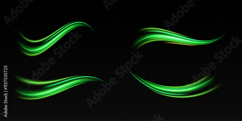 Moving fast green laser beams of light isolated on background. light effect. Green lens flash.