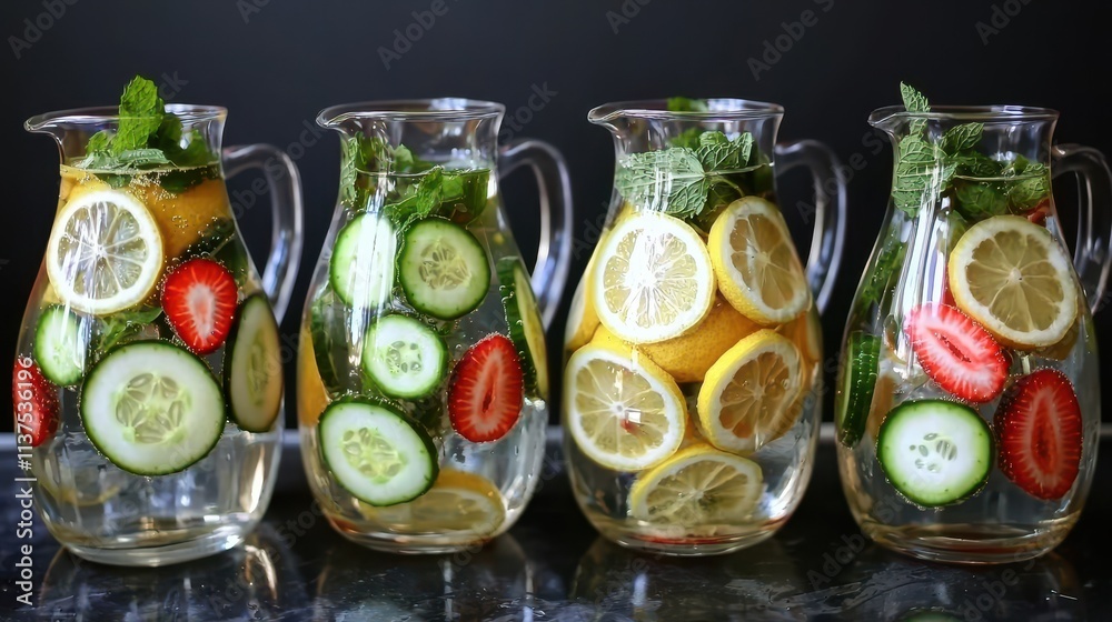 A detox water setup featuring glass pitchers infused with slices of lemon, cucumber, mint, and strawberries. The crisp and refreshing presentation reflects hydration and a health-conscious lifestyle. 