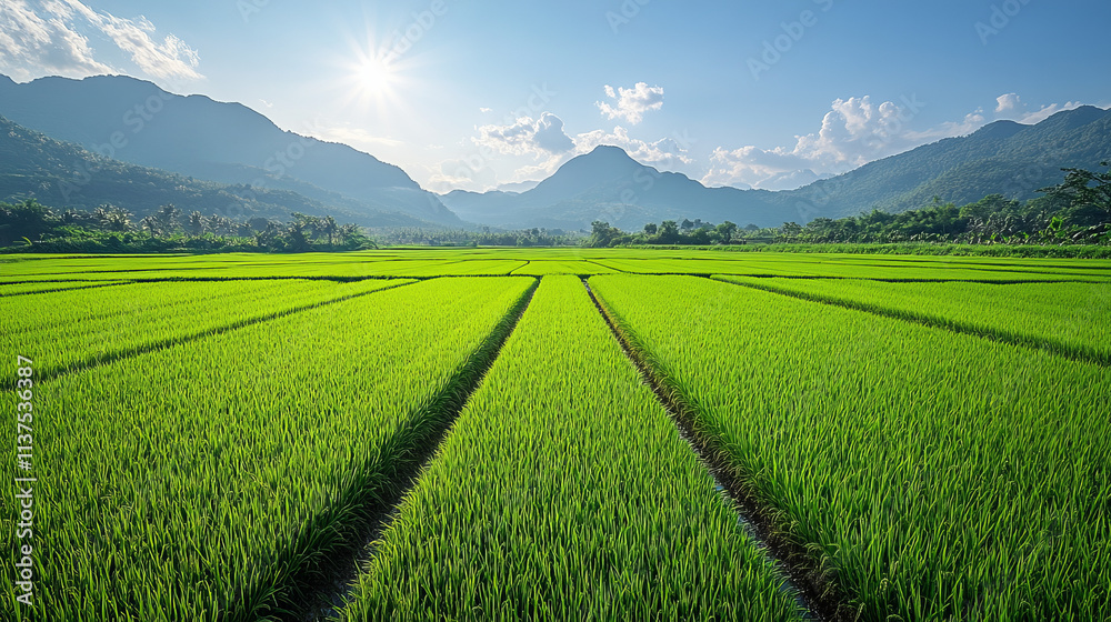 A lush rice paddy field green rows stretching into the horizon, sunny sky, hyper-realistic photo composition, white background. A lush rice paddy field green rows stretching into the horizon, sunny sky, hyper-realistic photo composition, white background.