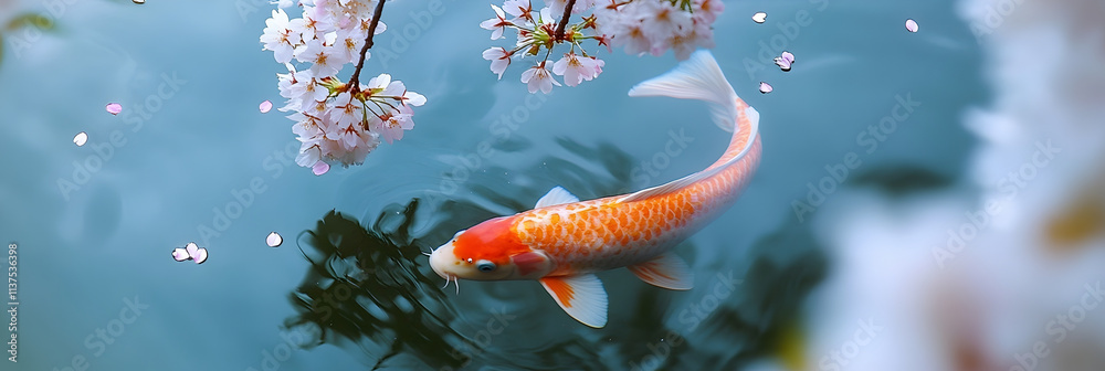 A serene koi fish swims beneath blooming cherry blossoms, creating a tranquil and picturesque scene. A serene koi fish swims beneath blooming cherry blossoms, creating a tranquil and picturesque scene.